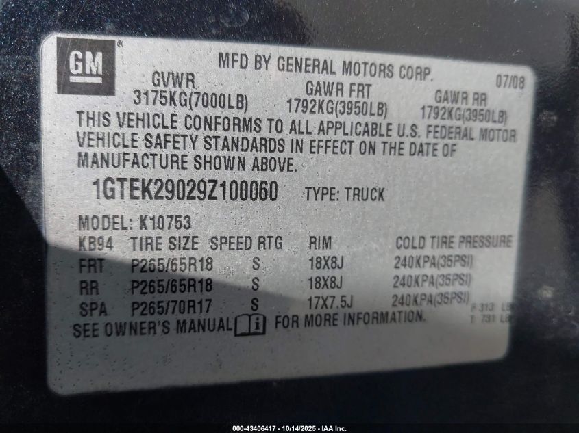 2009 GMC Sierra 1500 Sle VIN: 1GTEK29029Z100060 Lot: 43406417