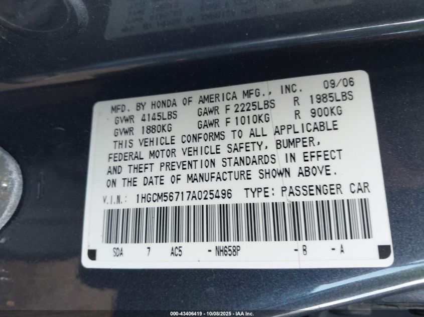 2007 Honda Accord 2.4 Ex VIN: 1HGCM56717A025496 Lot: 43406419