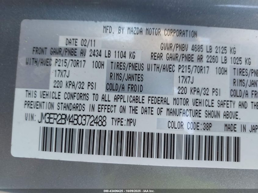 2011 Mazda Cx-7 I Sport VIN: JM3ER2BM4B0372488 Lot: 43406425