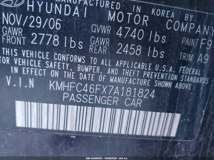 2007 Hyundai Azera Limited/Se VIN: KMHFC46FX7A181824 Lot: 43406438