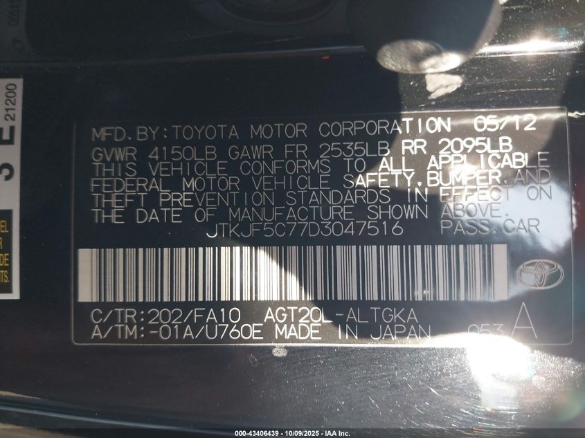 2013 Scion Tc VIN: JTKJF5C77D3047516 Lot: 43406439