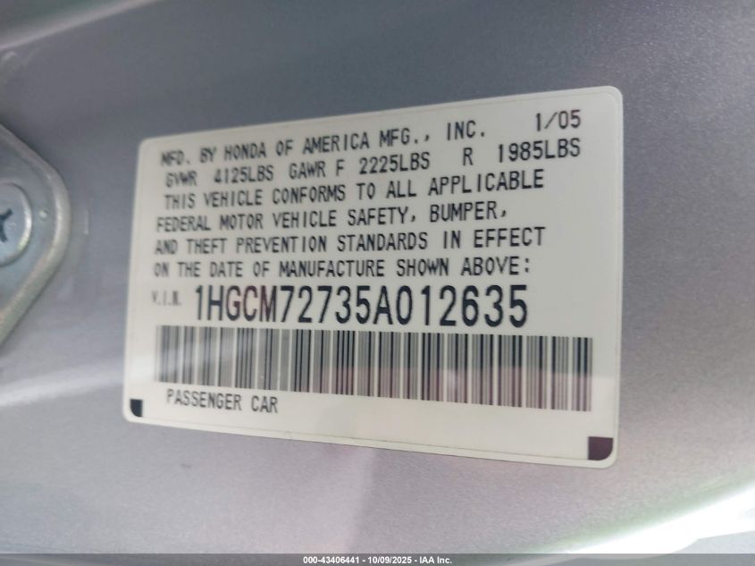 2005 Honda Accord 2.4 Ex VIN: 1HGCM72735A012635 Lot: 43406441