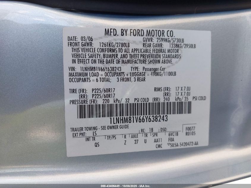 2006 Lincoln Town Car Signature VIN: 1LNHM81V66Y638243 Lot: 43406449