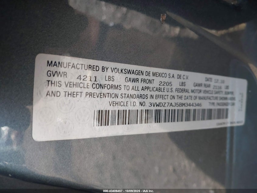 3VWDZ7AJ5BM344346 2011 VOLKSWAGEN JETTA photo no. 9