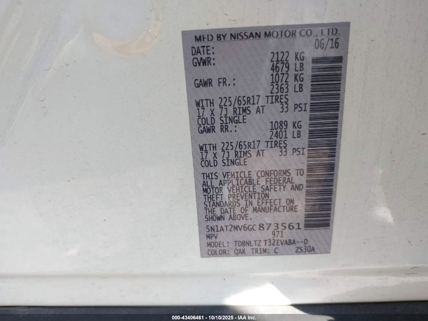 2016 Nissan Rogue Sv VIN: 5N1AT2MV6GC873561 Lot: 43406461