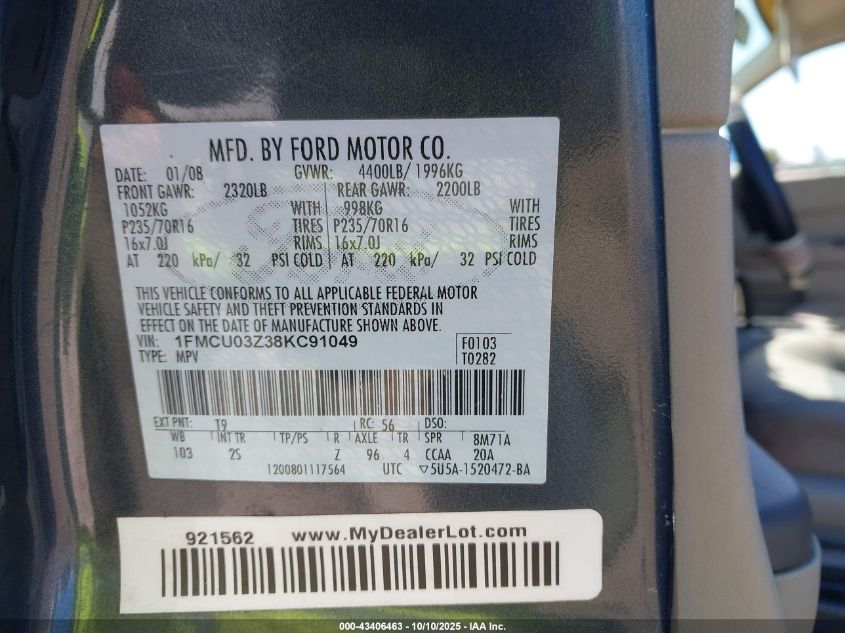 2008 Ford Escape Xlt VIN: 1FMCU03Z38KC91049 Lot: 43406463