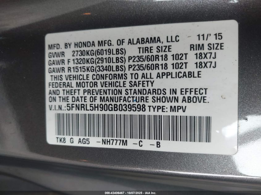 2016 Honda Odyssey Touring/Touring Elite VIN: 5FNRL5H90GB039598 Lot: 43406467