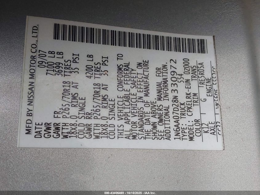 2008 Nissan Titan Xe VIN: 1N6AA07D28N330972 Lot: 43406469