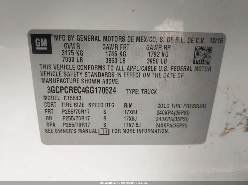 2016 Chevrolet Silverado 1500 1Lt VIN: 3GCPCREC4GG170624 Lot: 43406477