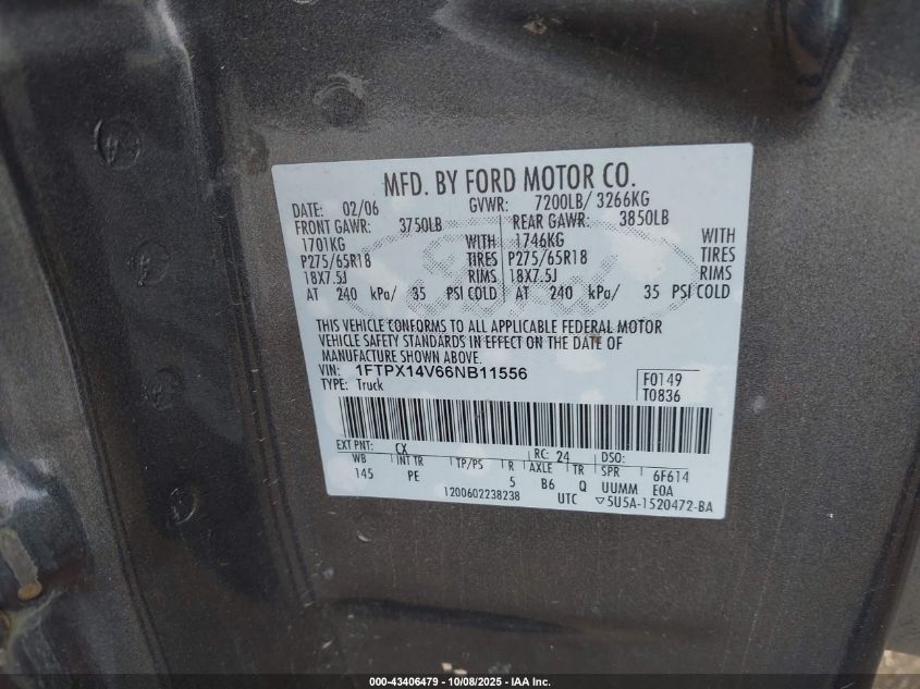 2006 Ford F-150 Fx4/Lariat/Xl/Xlt VIN: 1FTPX14V66NB11556 Lot: 43406479