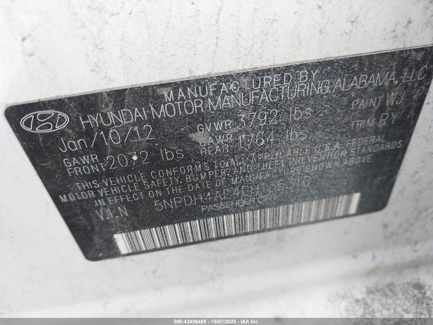 2012 Hyundai Elantra Limited VIN: 5NPDH4AE4CH135310 Lot: 43406485