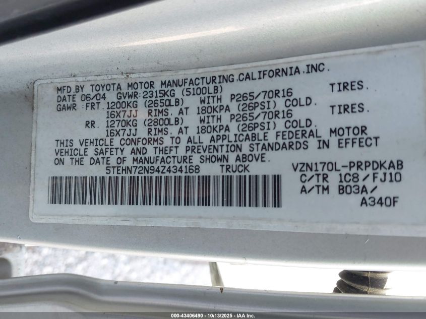 2004 Toyota Tacoma Base V6 VIN: 5TEHN72N94Z434168 Lot: 43406490