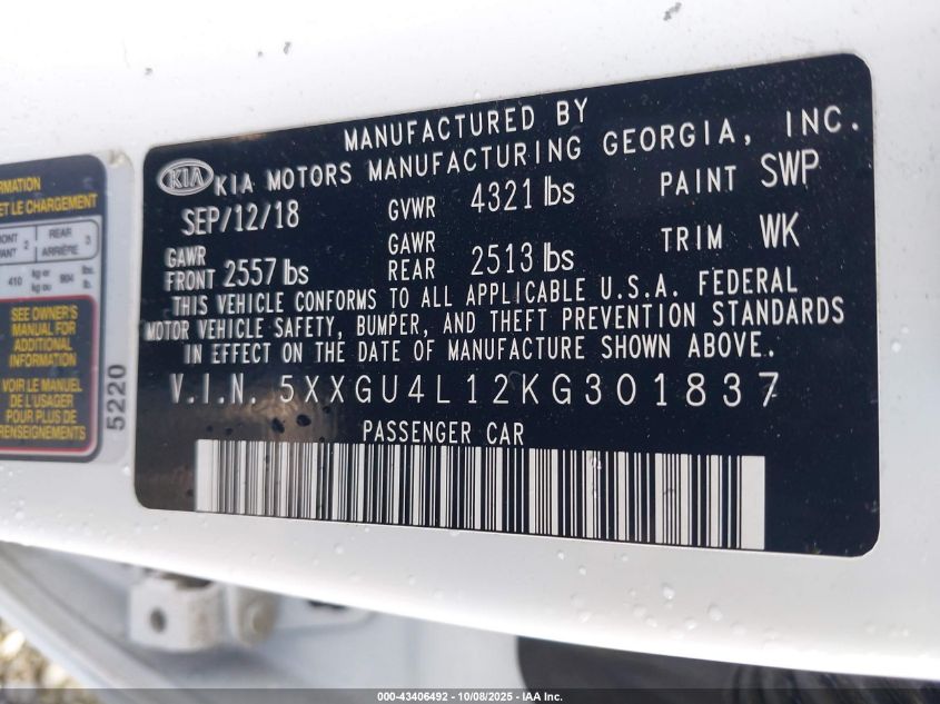 2019 Kia Optima Ex VIN: 5XXGU4L12KG301837 Lot: 43406492