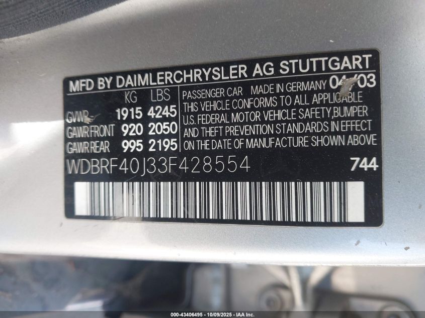 2003 Mercedes-Benz C 230 Kompressor Sport VIN: WDBRF40J33F428554 Lot: 43406495