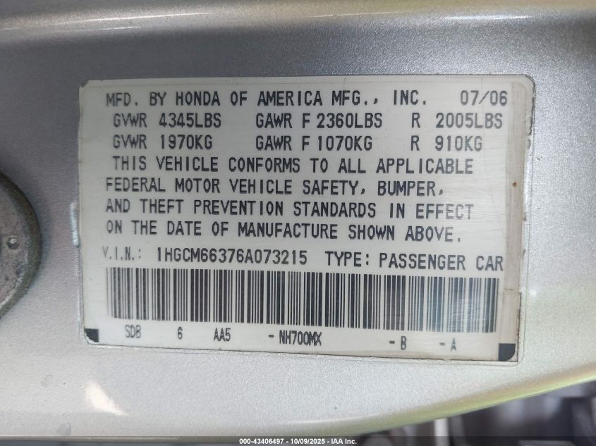2006 Honda Accord 3.0 Lx VIN: 1HGCM66376A073215 Lot: 43406497