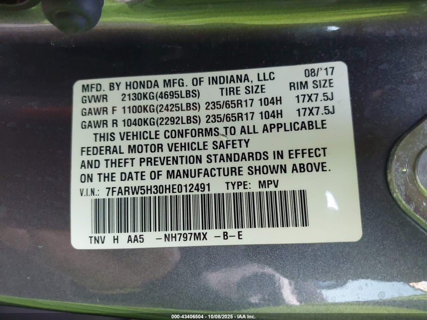 2017 HONDA CR-V LX - 7FARW5H30HE012491