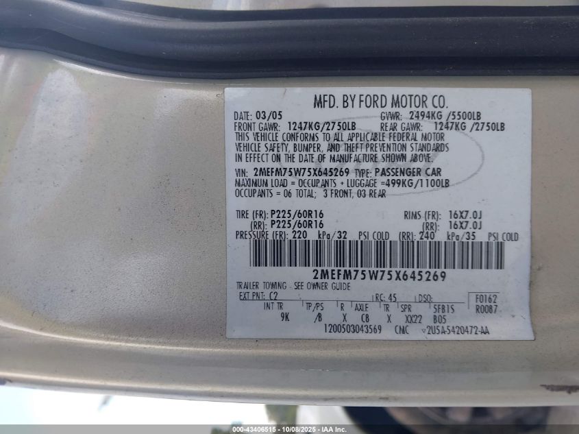 2005 Mercury Grand Marquis Ls/Lse VIN: 2MEFM75W75X645269 Lot: 43406515
