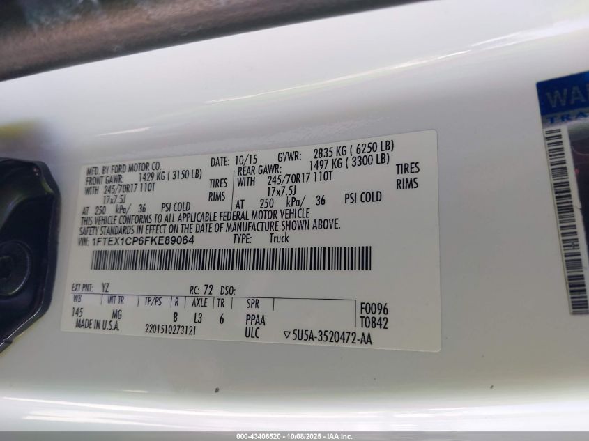 2015 Ford F-150 Xlt VIN: 1FTEX1CP6FKE89064 Lot: 43406520