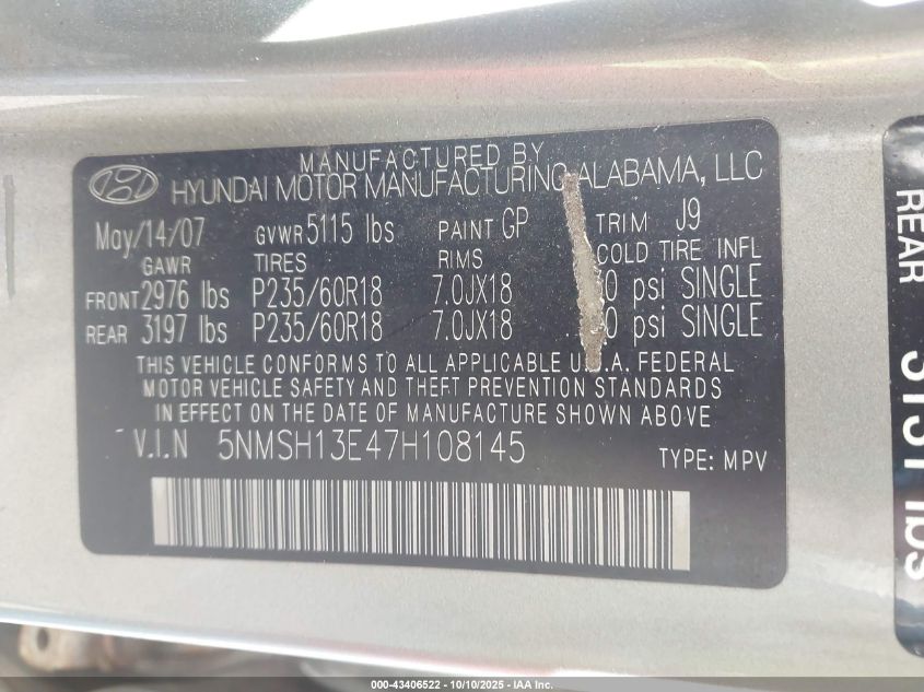 2007 Hyundai Santa Fe Limited/Se VIN: 5NMSH13E47H108145 Lot: 43406522