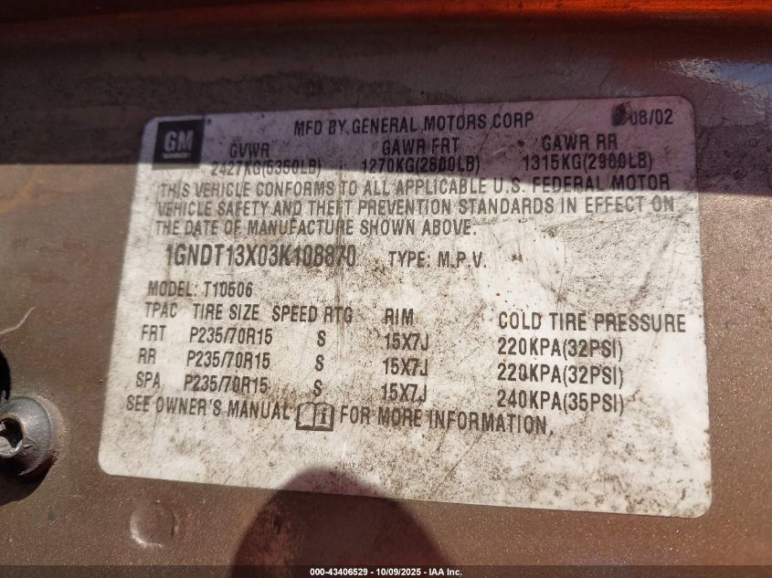 2003 Chevrolet Blazer Ls VIN: 1GNDT13X03K108870 Lot: 43406529