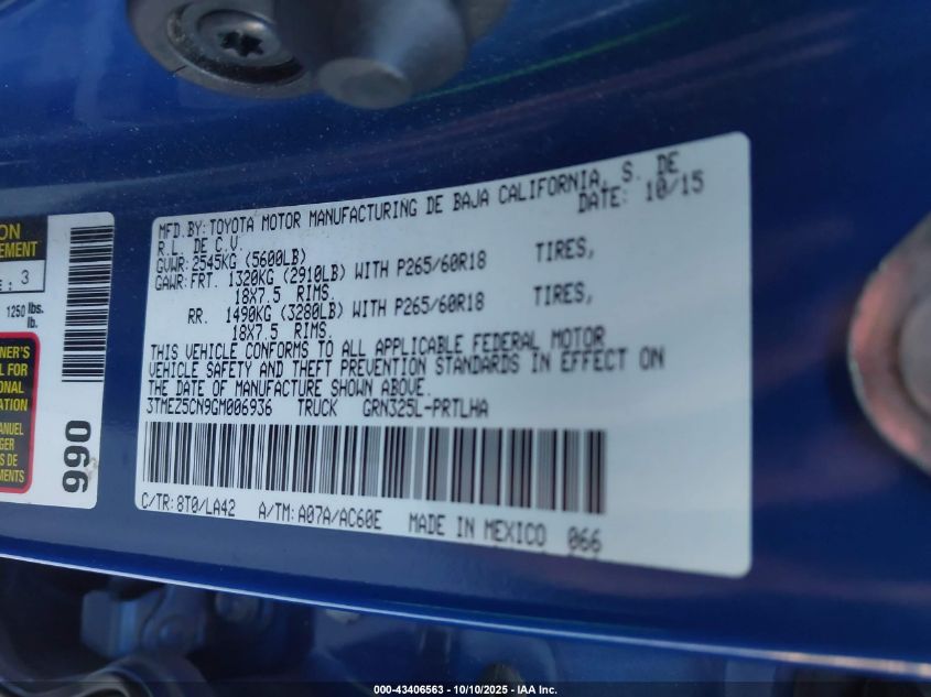 2016 Toyota Tacoma Limited VIN: 3TMEZ5CN9GM006936 Lot: 43406563