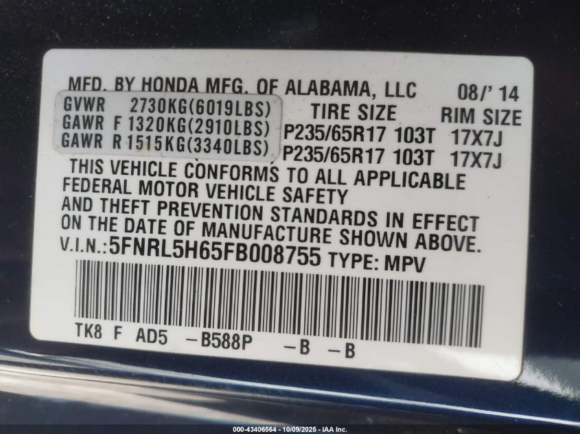 2015 Honda Odyssey Ex-L VIN: 5FNRL5H65FB008755 Lot: 43406564