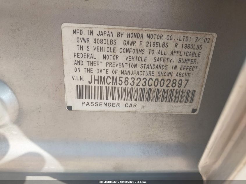 2003 Honda Accord 2.4 Lx VIN: JHMCM56323C002897 Lot: 43406568