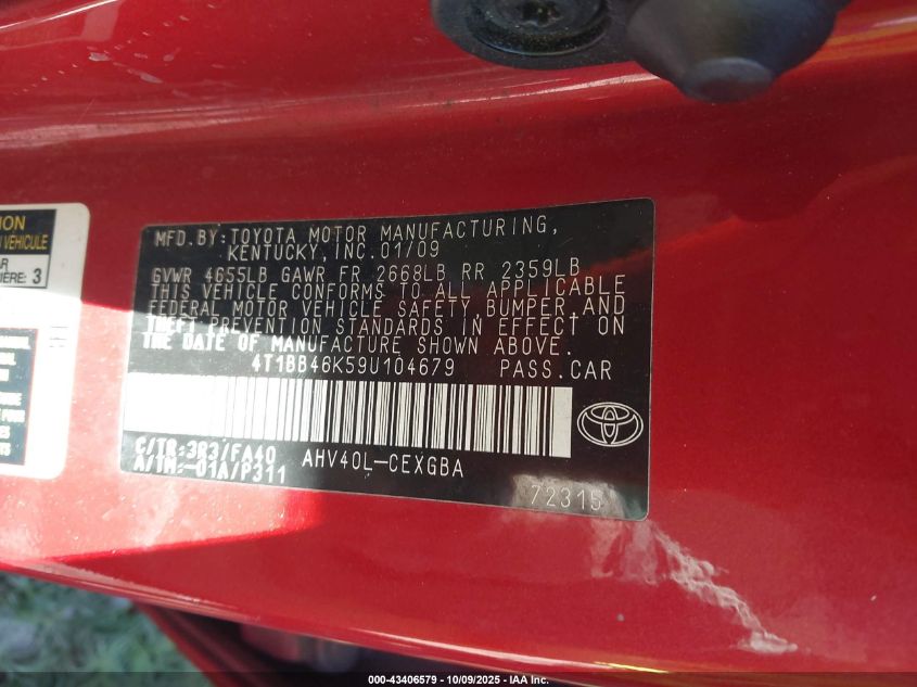 2009 Toyota Camry Hybrid VIN: 4T1BB46K59U104679 Lot: 43406579