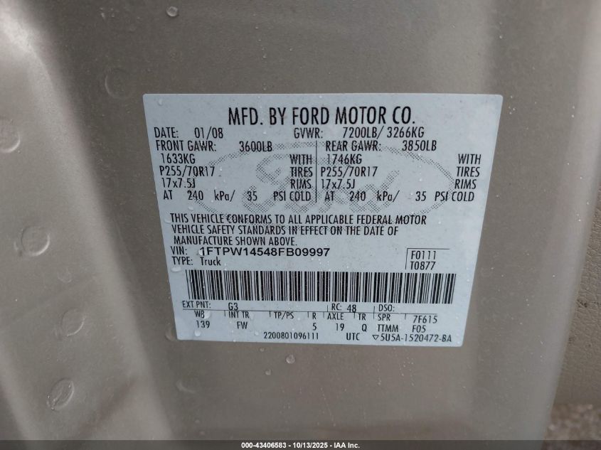 2008 Ford F-150 Xlt VIN: 1FTPW14548FB09997 Lot: 43406583
