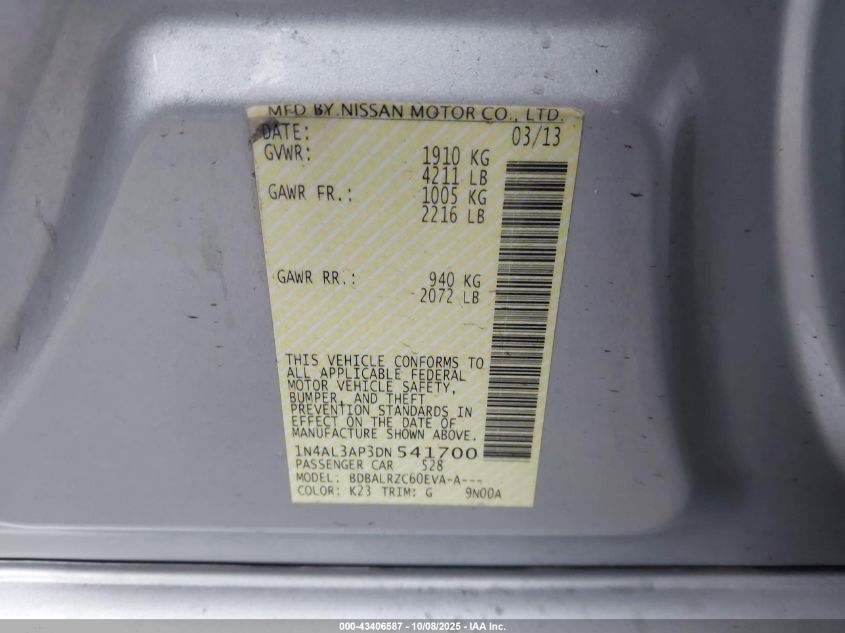 2013 Nissan Altima 2.5 S VIN: 1N4AL3AP3DN541700 Lot: 43406587