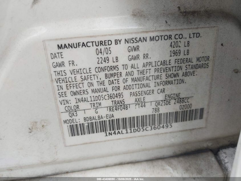 2005 Nissan Altima 2.5 S VIN: 1N4AL11D05C360495 Lot: 43406590