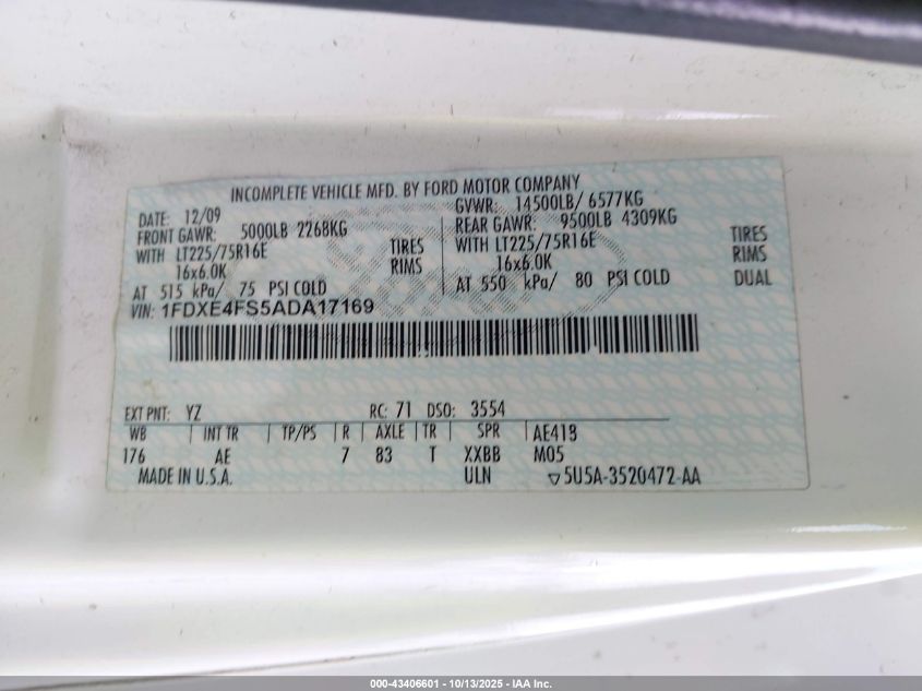 2010 Ford E-450 Cutaway VIN: 1FDXE4FS5ADA17169 Lot: 43406601