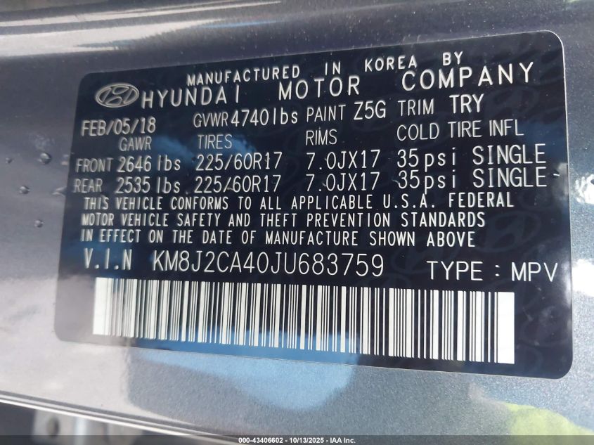 2018 Hyundai Tucson Se VIN: KM8J2CA40JU683759 Lot: 43406602