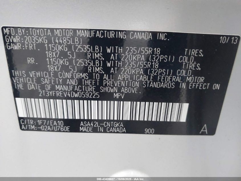 2013 Toyota Rav4 Limited VIN: 2T3YFREV4DW059225 Lot: 43406607