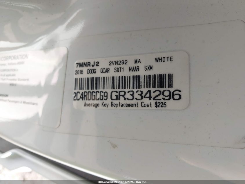 2016 Dodge Grand Caravan Sxt VIN: 2C4RDGCG9GR334296 Lot: 43406609