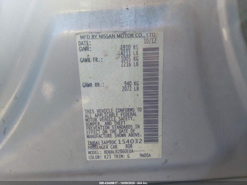 2013 Nissan Altima 2.5 S VIN: 1N4AL3AP9DC154032 Lot: 43406617