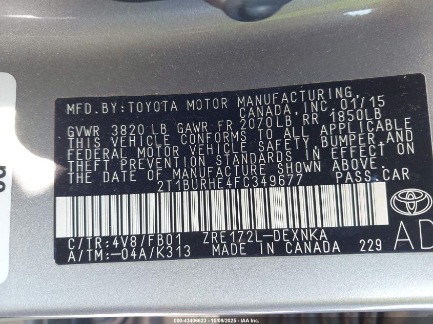 2015 Toyota Corolla Le VIN: 2T1BURHE4FC349677 Lot: 43406623