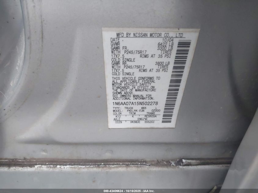 2005 Nissan Titan Xe VIN: 1N6AA07A15N502278 Lot: 43406624