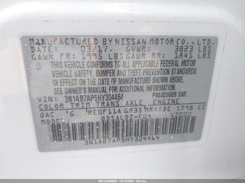 2017 Nissan Sentra Sv VIN: 3N1AB7AP5HY304464 Lot: 43406626