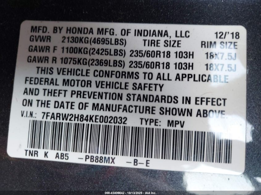2019 Honda Cr-V Ex-L VIN: 7FARW2H84KE002032 Lot: 43406642