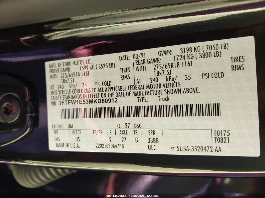 2021 Ford F-150 Xlt VIN: 1FTFW1E53MKD60912 Lot: 43406653