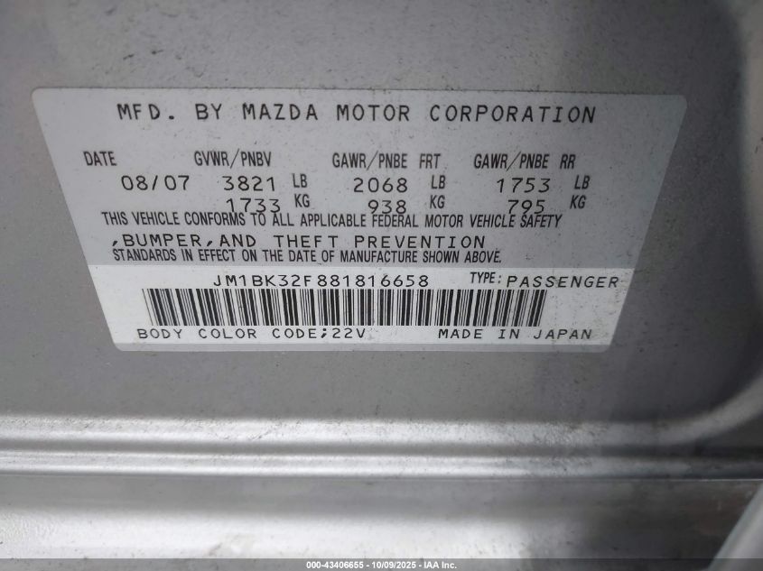 2008 Mazda Mazda3 I VIN: JM1BK32F881816658 Lot: 43406655