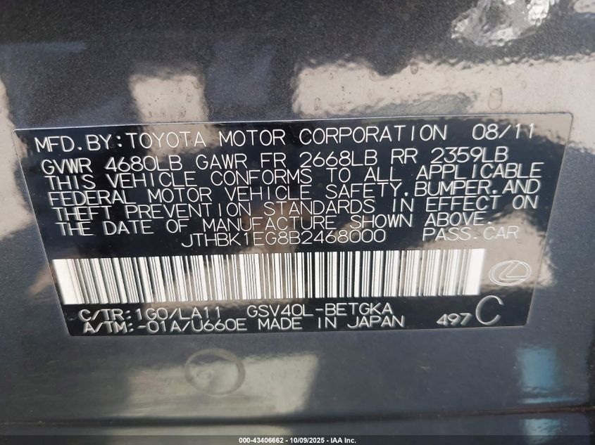 2011 Lexus Es 350 VIN: JTHBK1EG8B2468000 Lot: 43406662