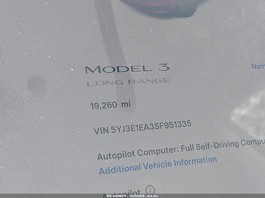 2025 Tesla Model 3 Long Range Rear-Wheel Drive VIN: 5YJ3E1EA3SF951335 Lot: 43406670