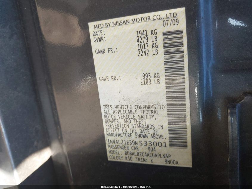 2009 Nissan Altima 2.5 S VIN: 1N4AL21E39N533001 Lot: 43406671