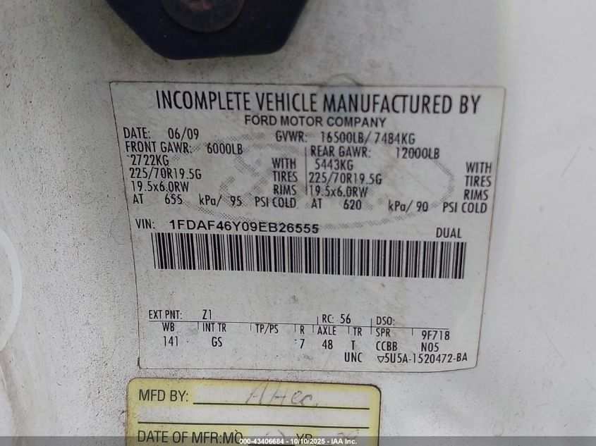 2009 Ford F-450 Chassis Xl/Xlt VIN: 1FDAF46Y09EB26555 Lot: 43406684