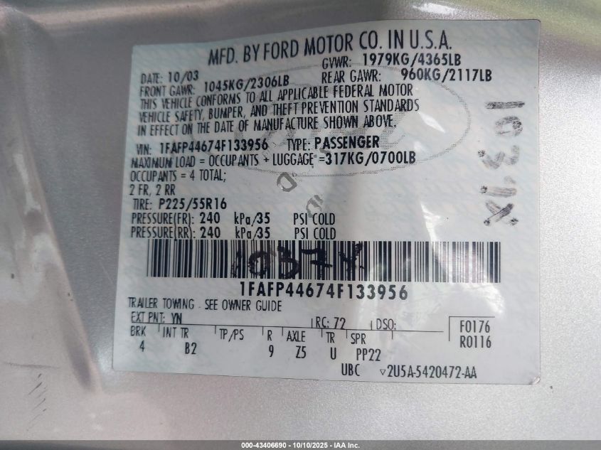 2004 Ford Mustang VIN: 1FAFP44674F133956 Lot: 43406690