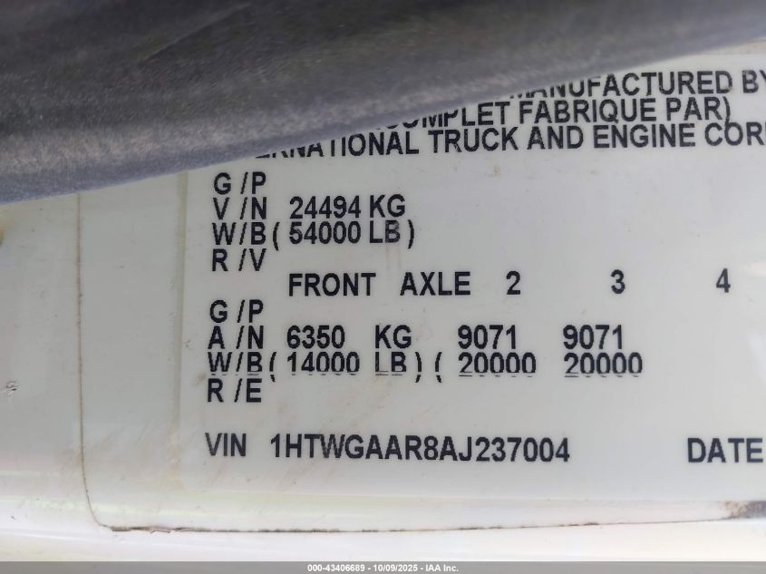 2010 International 7000 7400 VIN: 1HTWGAAR8AJ237004 Lot: 43406689