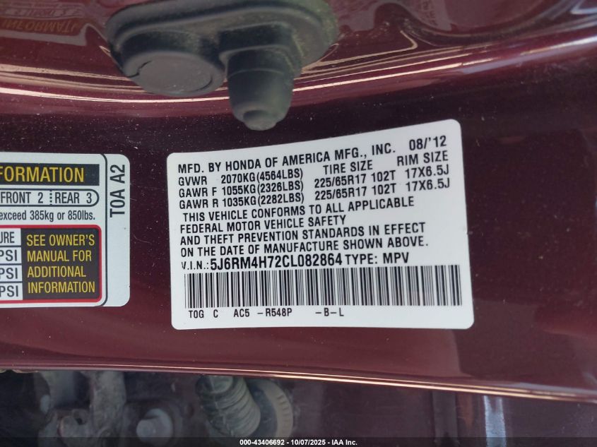 2012 Honda Cr-V Ex-L VIN: 5J6RM4H72CL082864 Lot: 43406692