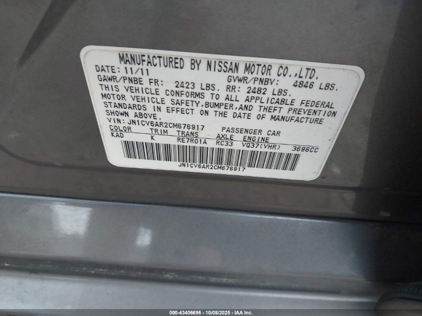 2012 Infiniti G37X VIN: JN1CV6AR2CM676917 Lot: 43406696